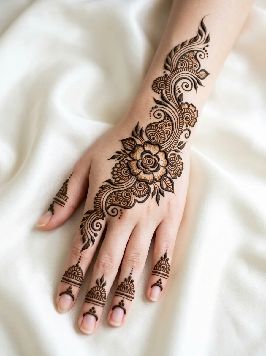 Romantic central rose and scrolling vine mehndi on back of hand over white silk