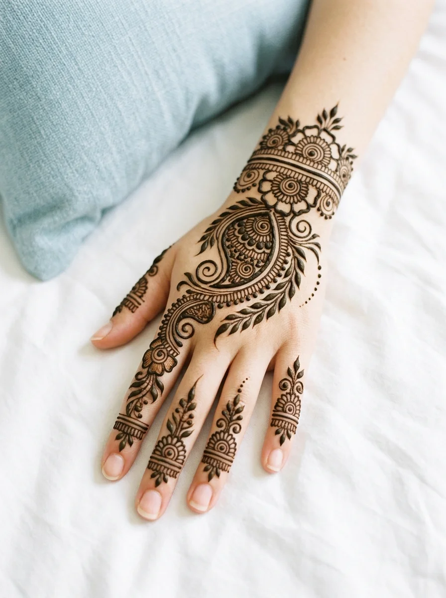 Bold central paisley motif with a structured wrist cuff on back of hand