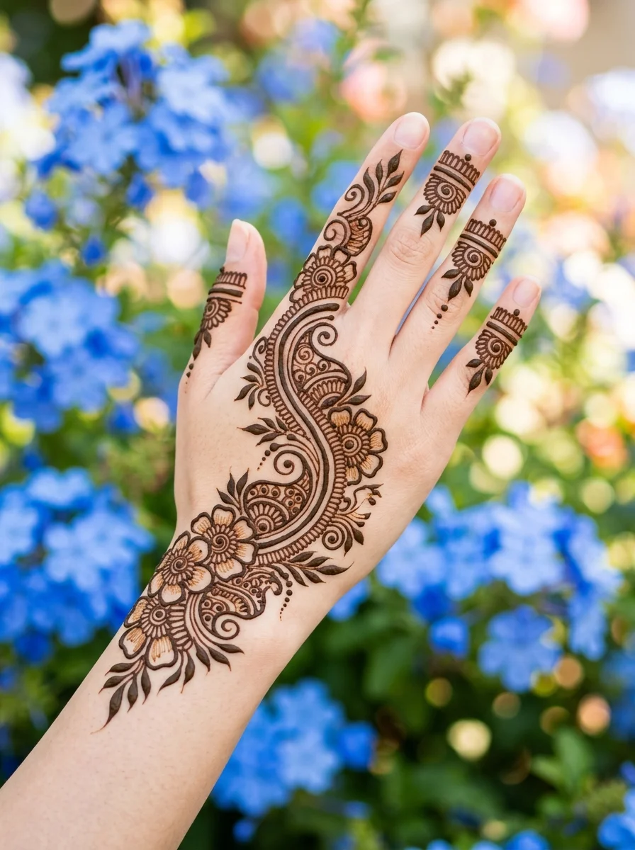 Curved floral and paisley trail mehndi on back of hand with blue flowers