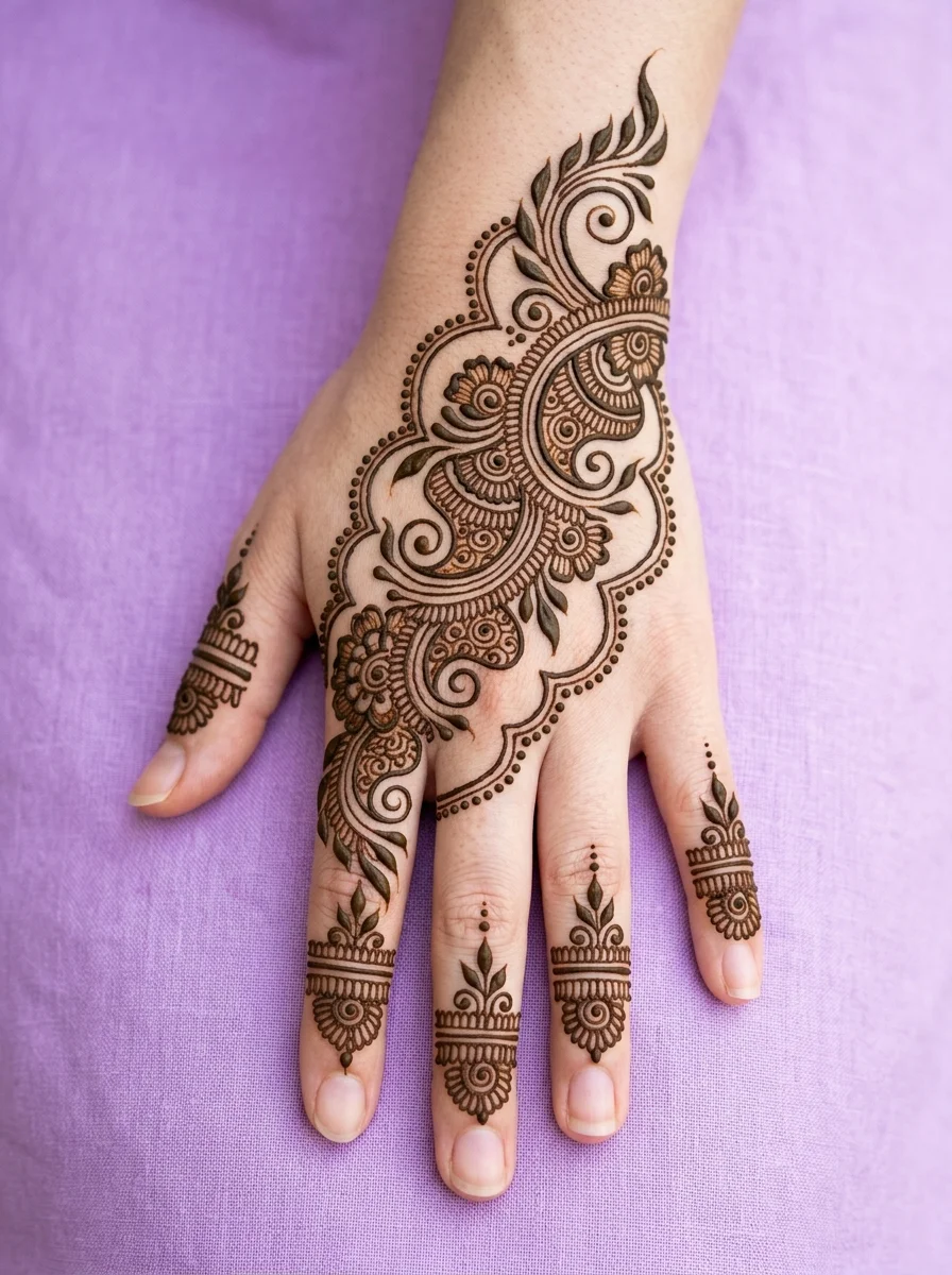 Intricate curved paisley trail and finger details mehndi on back of hand