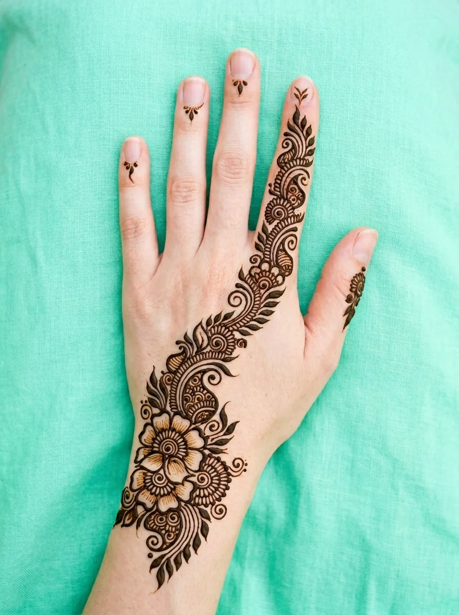 Diagonal floral trail and paisley base mehndi on back of hand
