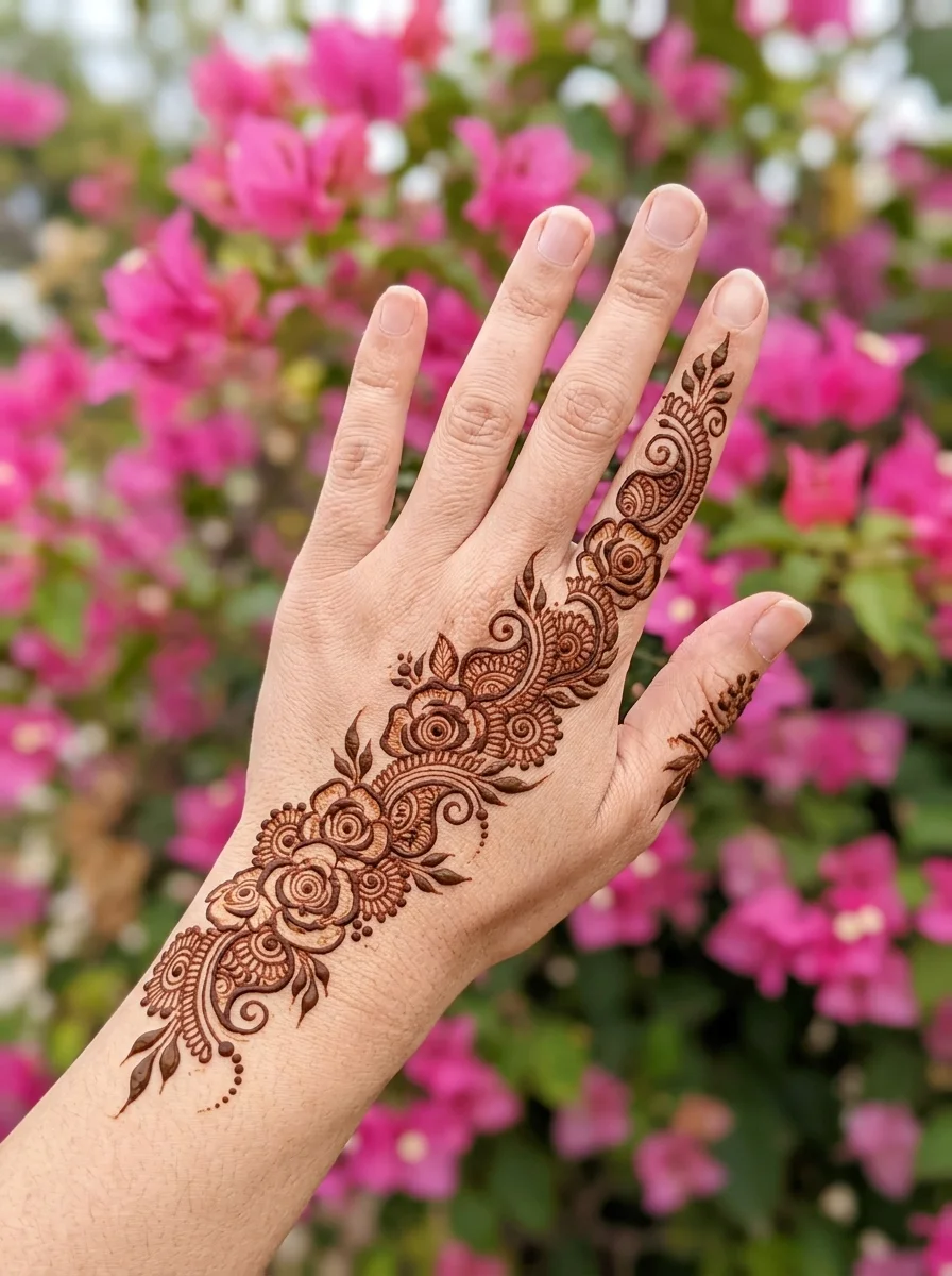 Diagonal rose and paisley trail mehndi design with bougainvillea flowers
