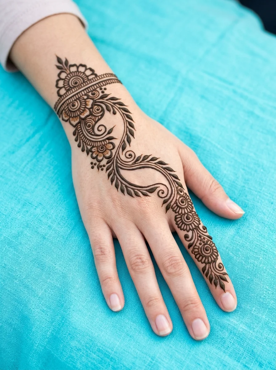 Leafy looped trail and wristband mehndi design on back of hand