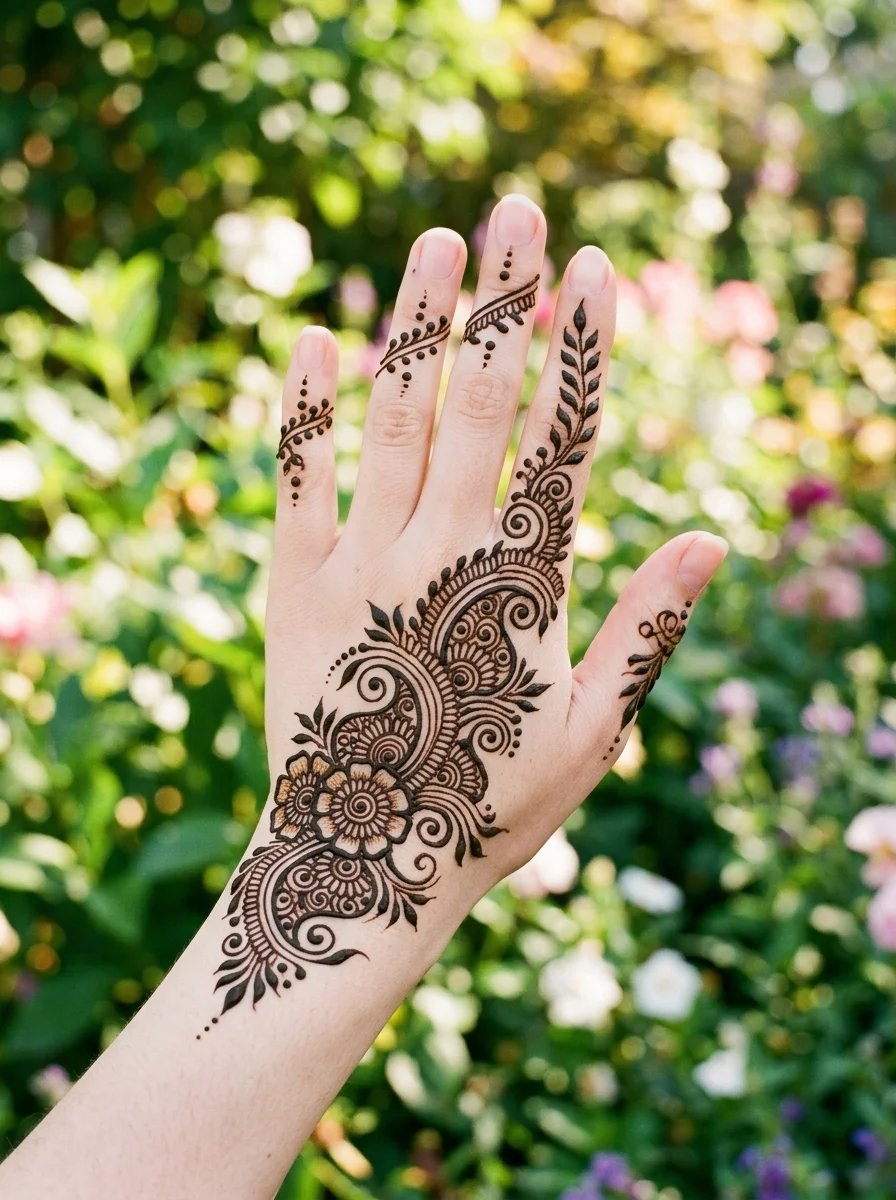 Minimalist single leaf trail Arabic mehndi design on the back of hand