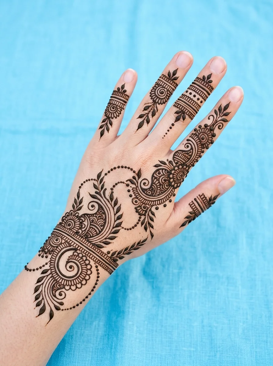 Back of hand mehndi with spirals, paisley curves, and dotted chains on blue cloth