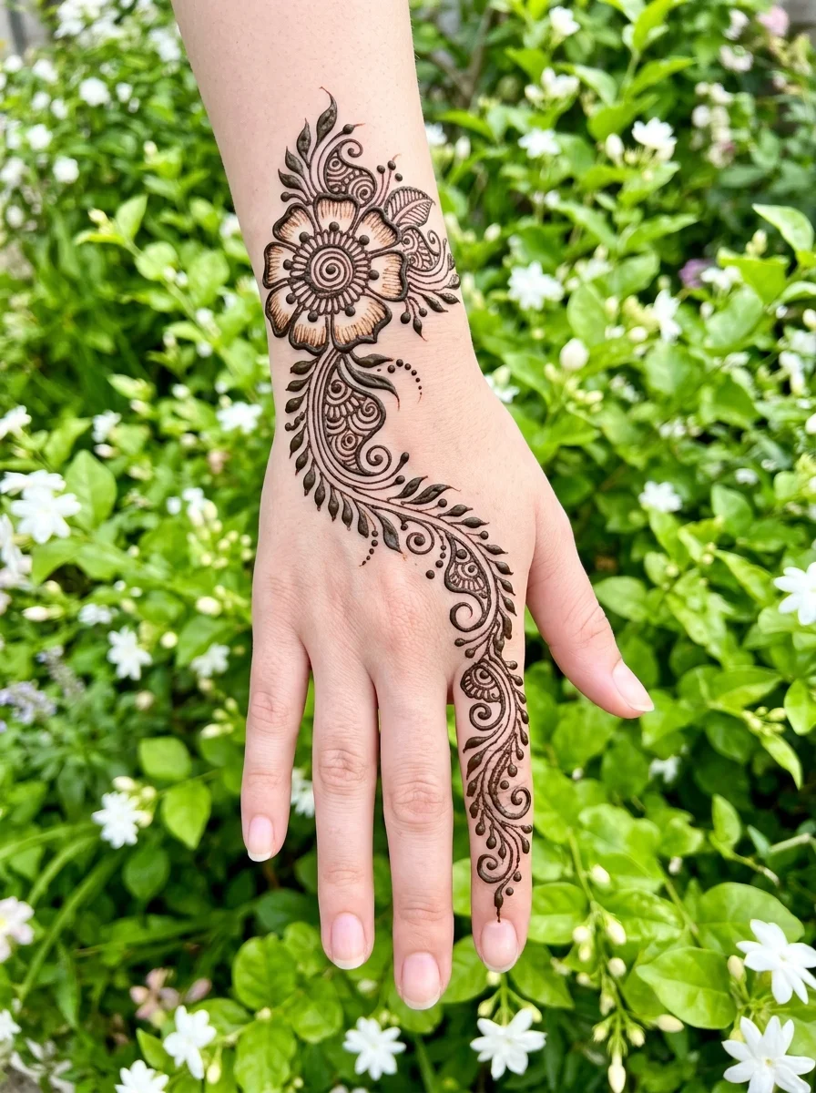 Wrist flower base and diagonal paisley leaf trail mehndi on back of hand