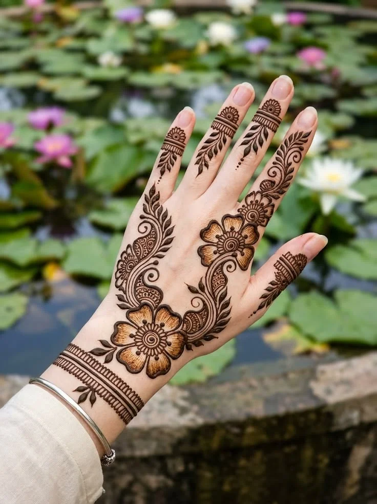 Beautiful back-hand Arabic floral mehndi design with double wrist cuff and leafy vine against lotus pond