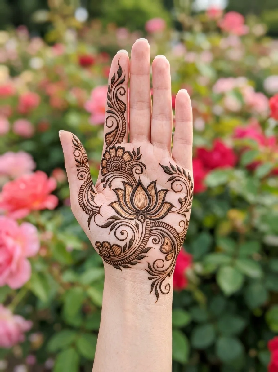 Front hand palm mehndi featuring a central lotus and circular swirls