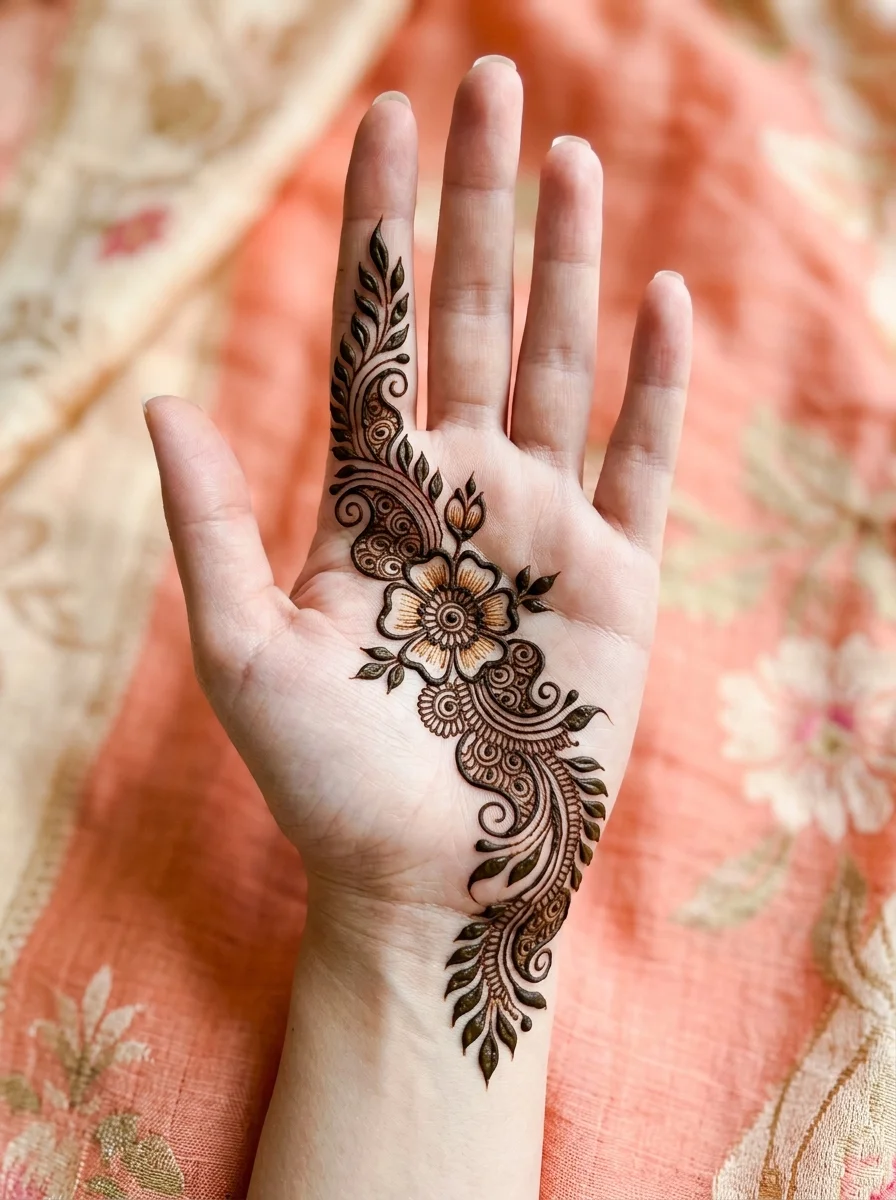 Detailed front-hand palm mehndi featuring a diagonal floral vine and central rose